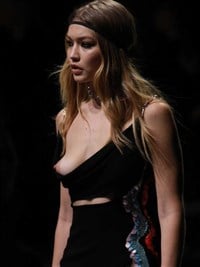 Gigi Hadid Full Nip Slip On Runway At Versace Fashion Show