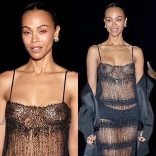 Zoe Saldana Shows Off Her Nude Tits In A See Thru Dress